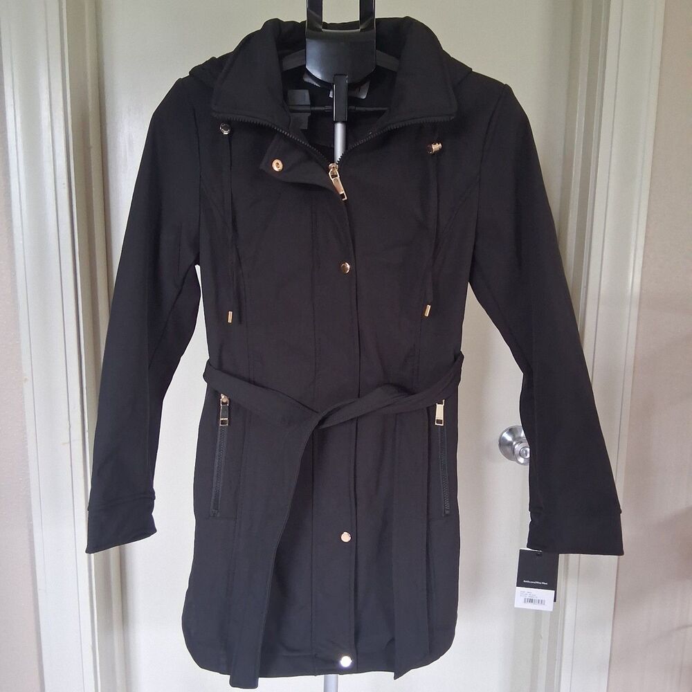 NWT Nine West Belted Softshell Hooded All Weather Rain Jacket/Coat Medium Black